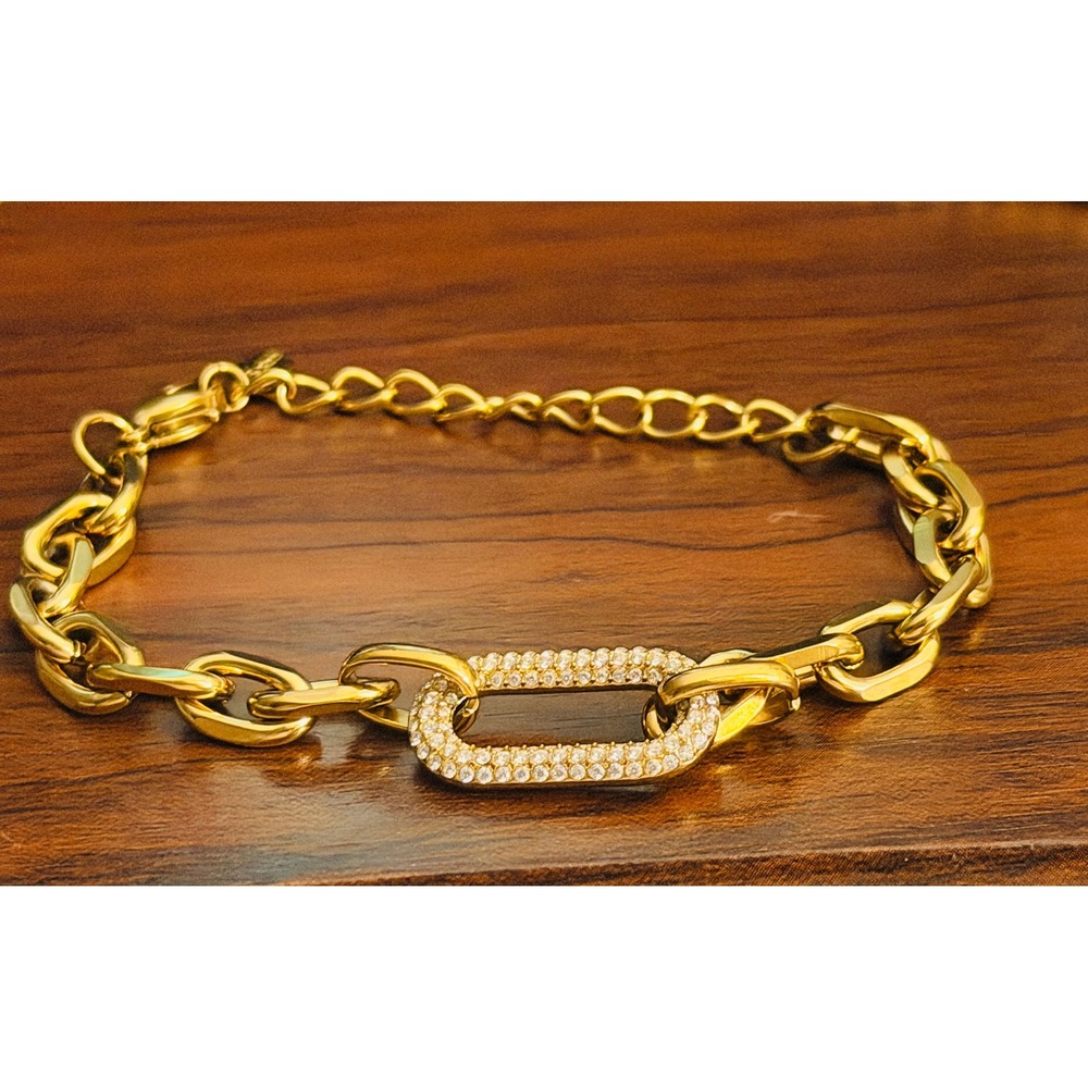 Gold Stainless Steel Pave Zircon Chain Link Bracelet Adjustable Lobster Clasp - Picture 3 of 6